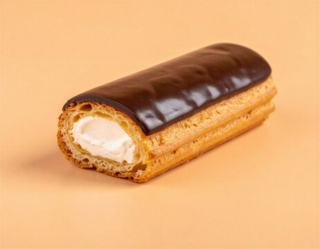 Chocolate eclair with cream filling and glossy chocolate glaze