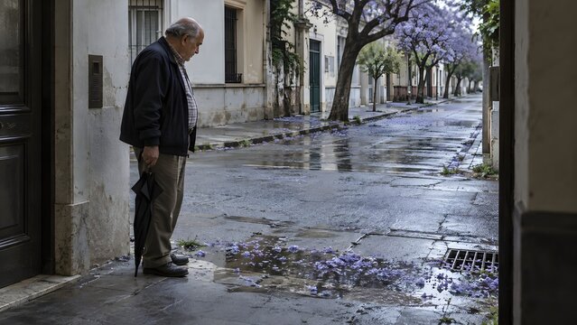 An older man stands near a building entrance, looking down a wet, tree lined street strewn with purple blossoms
