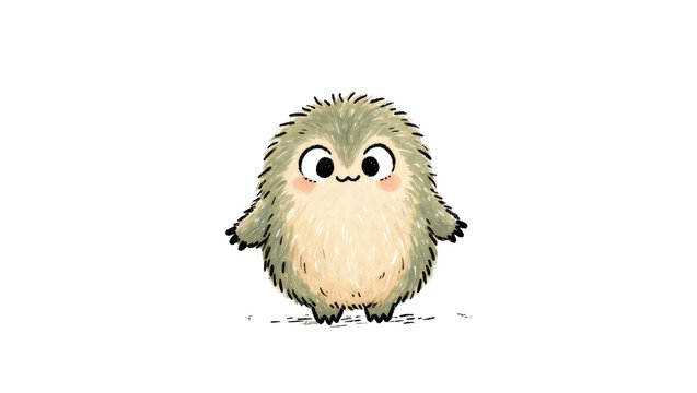 Isolated charming fluffy cartoon creature with big eyes, small limbs, standing and looking