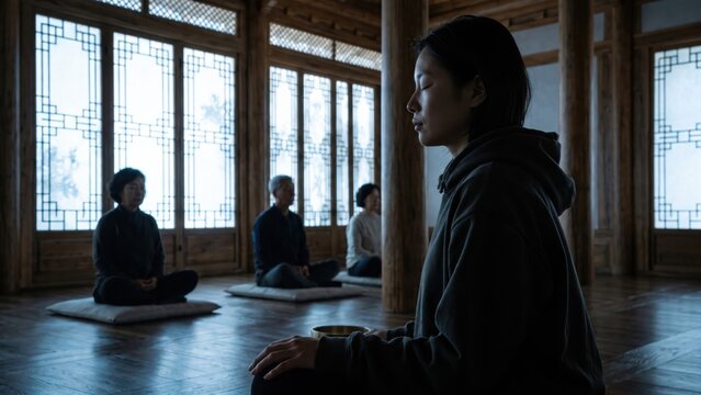 Korean traditional Hanok meditation hall interior with a diverse group of people sitting in quiet contemplation and mindfulness, silhouette backlighting, wellness retreat concept, stock photo