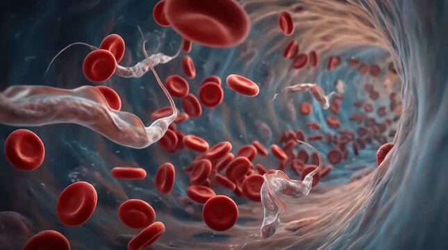 High Detail 3D Medical Visualization of Trypanosoma Parasites Flowing with Red Blood Cells in a Vein