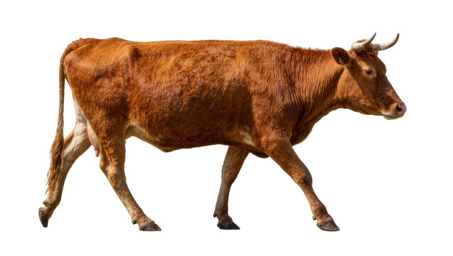 Isolated brown horned dairy cattle with ear tag walking gracefully left side view cutout