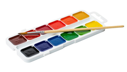 Isolated vibrant watercolor paint set with brush in a plastic palette, ideal for artistic creativity. © Lucas
