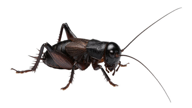 Isolated close-up studio shot of a common house cricket facing forward on a seamless surface