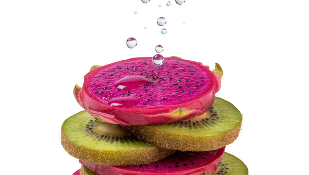 Isolated refreshing stack of vibrant red dragon fruit and green kiwi slices with water droplets