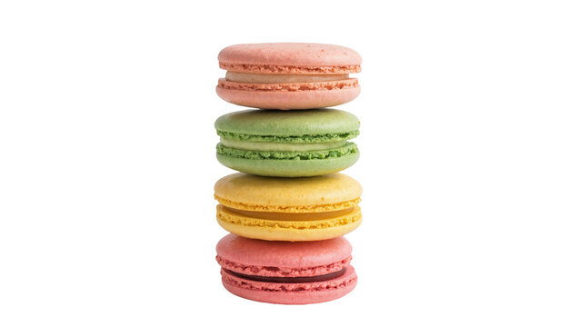 Isolated colorful French macarons stacked vertically, a delicious confectionery treat