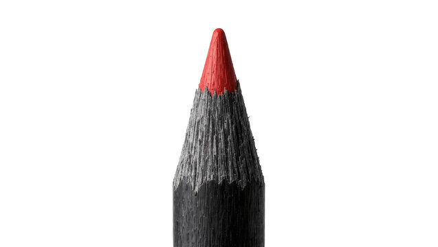 Isolated textured black pencil with sharply pointed red tip for creative drawing or design