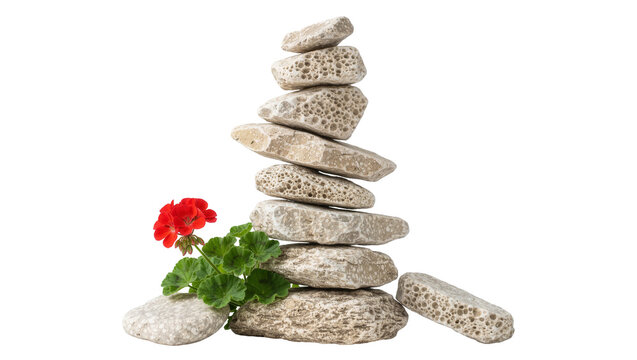 Isolated balanced pile of natural porous stones with vivid red geranium flower and green foliage