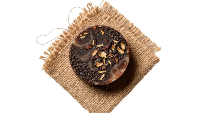 Isolated artisanal dark soap bar with dried botanicals on woven jute fabric and natural twine.