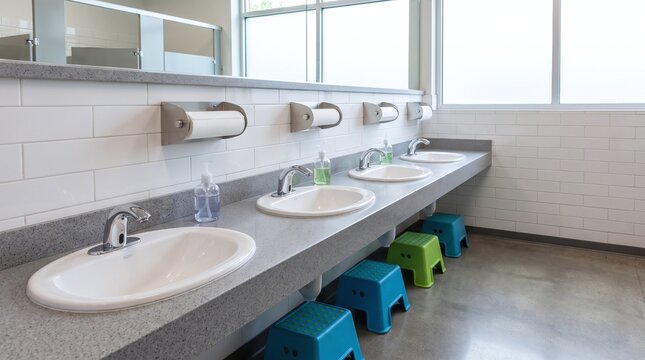 Children's Bathroom Sink Area with Stools and Toilet Paper Dispensers