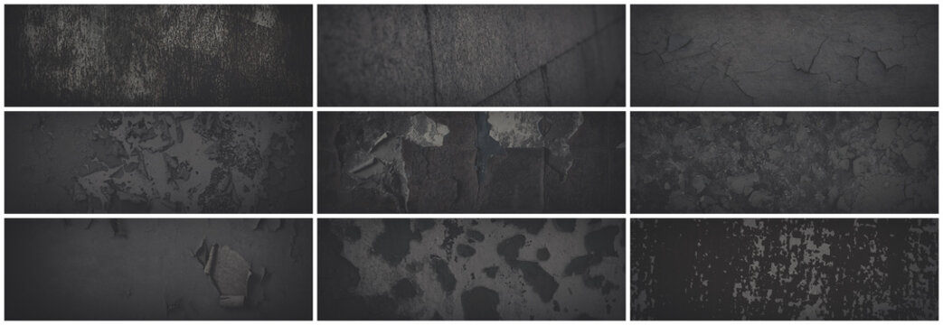 Set of dark panoramic background textures. Collection of wide textures with peeling paint, cracks, scratches, noise and grain. Faded rough surfaces of old walls. Bundle of gray backgrounds for design.