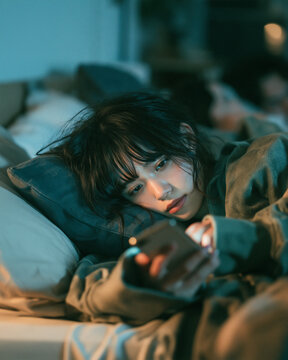 深夜のベッドでスマートフォンを見続け眠れない現代若者の不眠とSNS依存イメージ