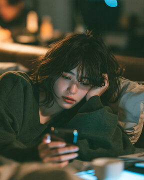 就寝前にベッドでスマホを見る若者のブルーライトによる睡眠不足と疲労の社会問題