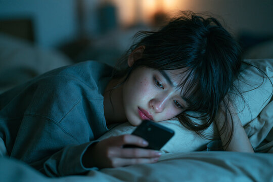 スマホのブルーライトを浴びながら深夜までSNSを見る若者の睡眠不足と疲労