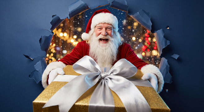 Cheerful man dressed as Santa Claus popping through a blue torn paper background holding a large golden gift box with white ribbon. Holiday celebration, Christmas season, winter joy.