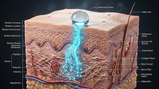 Anatomical Cross Section of Human Skin Layers Showing Deep Hydration Process with Water Molecule Stream