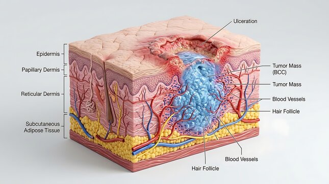 3D Medical Illustration of Basal Cell Carcinoma BCC Showing Skin Layers Tumor Mass and Ulceration
