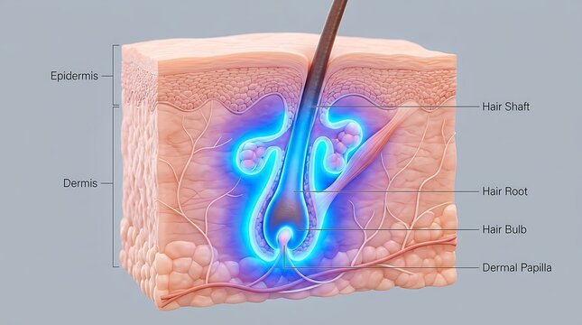 3D Medical Illustration of Human Skin Cross Section Showing Hair Follicle Anatomy and Structure