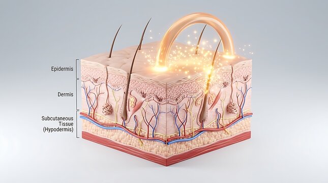 3D Anatomical Cross Section of Human Skin Showing Epidermis Dermis Hypodermis and Laser Serum Repair