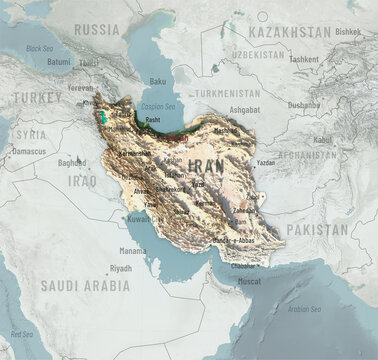 Iran atlas map with shaded relief, geographic labels and borders. Elements of the illustration derived from NASA imagery and SRTM DEM.