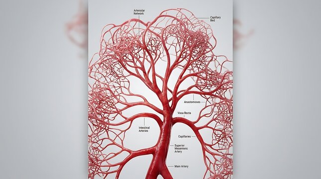 Detailed 3D Medical Illustration of the Superior Mesenteric Artery and Intestinal Arterial Network