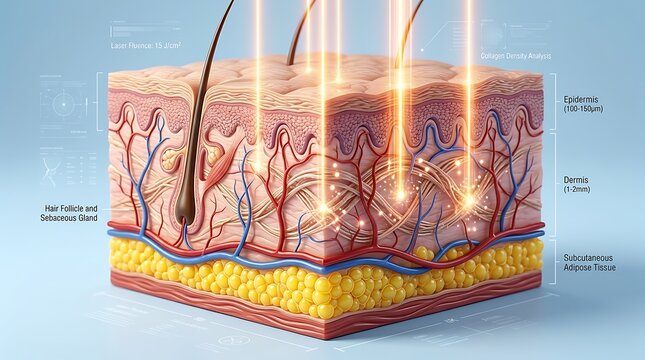 Detailed 3D Medical Illustration of Human Skin Layers and Laser Treatment for Collagen Rejuvenation