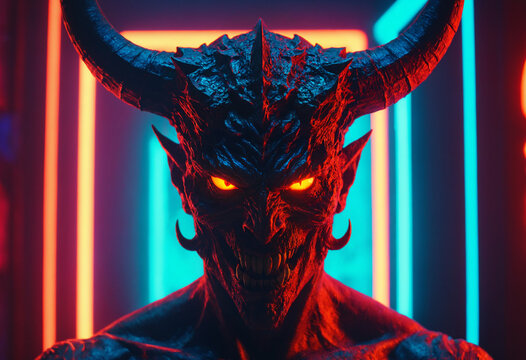 terrifying horned demon creature with glowing red eyes and detailed textured dark skin standing against a vibrant colorful neon illuminated vertical striped background