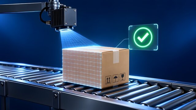 Automated industrial camera scanning cardboard box on conveyor belt with green checkmark, smart warehouse logistics and quality control