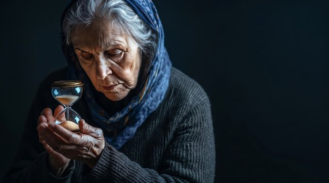 Elderly woman in a headscarf looking at an hourglass in her hands against a dark background symbolizing mortality and aging