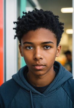 young black teenage boy with short curly afro hair wearing a dark blue hoodie standing outdoors looking directly with a serious solemn facial expression