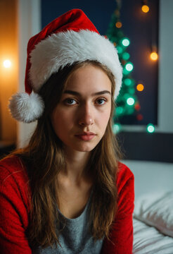 young caucasian teenage girl wearing a red santa hat and red sweater looking with a sad pensive facial expression near a lit christmas tree