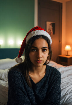 young hispanic teenage girl wearing a red santa hat and dark sweater looking with a sad worried expression in a dimly lit bedroom