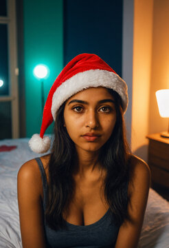 young indian teenage girl wearing a red santa hat and grey tank top looking with a sad hopeless facial expression in a dimly lit bedroom