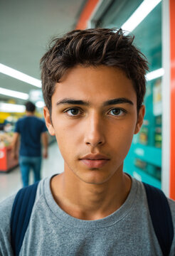 young hispanic teenage boy with short wavy dark hair wearing a grey t shirt and backpack standing outdoors near a school building