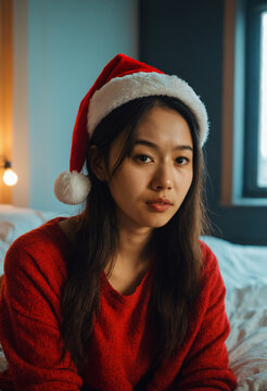 young asian teenage girl wearing a red santa hat and red sweater sitting in a bedroom looking with a sad lonely facial expression