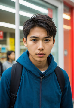 young asian teenage boy with short dark hair wearing a blue hoodie jacket and backpack standing outdoors near a school entrance