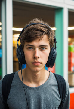 young caucasian teenage boy wearing black headphones around his neck and a grey t shirt standing outdoors near a school building
