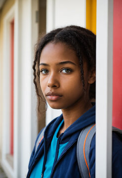 young black teenage girl with braided dark hair wearing a blue hoodie jacket and backpack standing outdoors near a colorful doorway