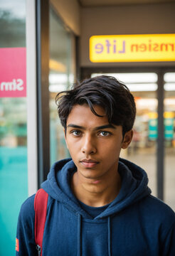 young arab teenage boy with dark wavy hair wearing a blue hoodie jacket and red backpack standing outdoors near a school building