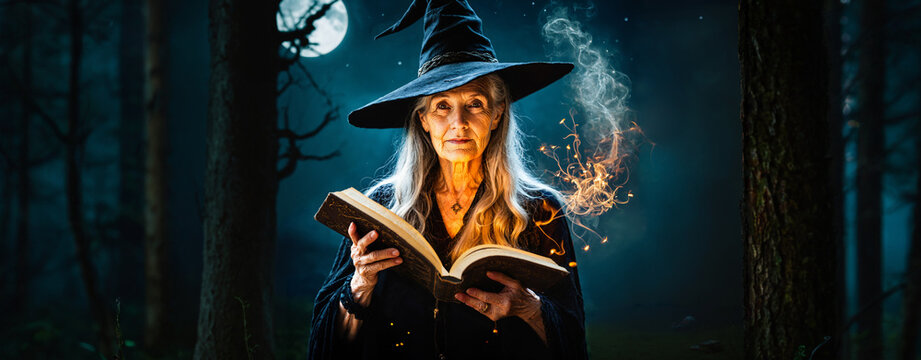 senior elderly witch woman wearing a black pointed hat holding an open glowing spell book in a dark moonlit forest at night