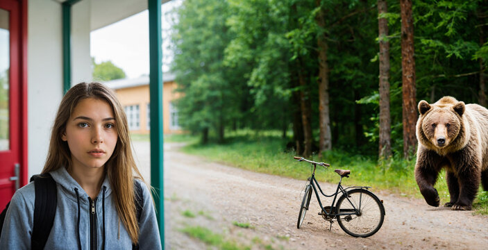 young caucasian teenage girl standing outdoors on a path near a brown bear near a forest and school building