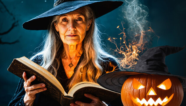 senior elderly witch woman holding an open glowing spell book standing next to a carved glowing pumpkin halloween jack o lantern