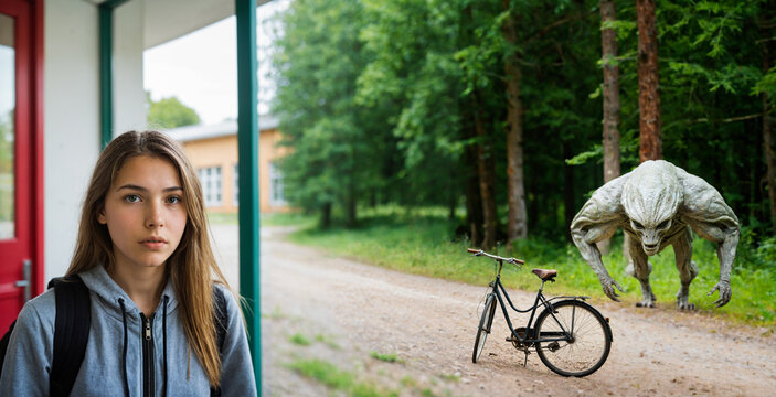 young caucasian teenage girl standing outdoors on a path near a alien monster figure near a forest and school building