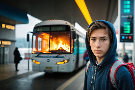 young caucasian teenage boy wearing a blue hooded jacket and backpack standing outdoors at a bus stop with a burning bus
