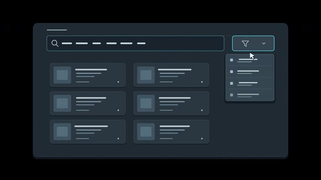 Modern Dark UI Interface for a Search Engine or Application with Filter Options and Content Cards Displayed