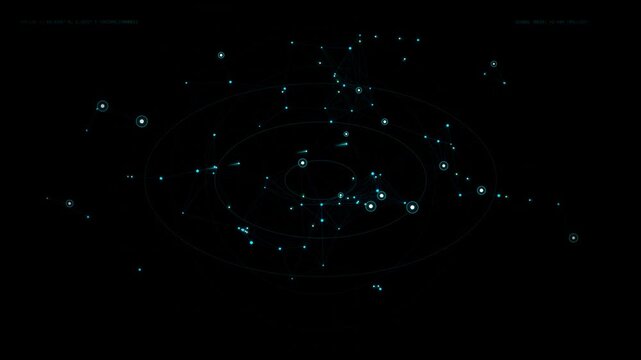 A futuristic digital HUD interface featuring glowing cyan nodes and connecting lines forming an abstract technological network against a dark background with subtle telemetry data.