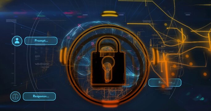 Displaying central padlock glowing on AI dashboard, featuring wireframe brain and teal callouts