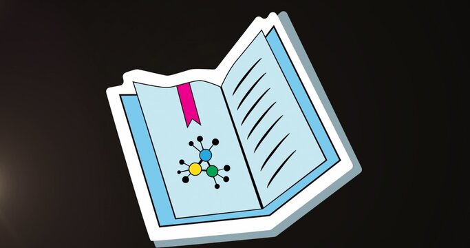 Floating open book showing colorful molecule diagram and magenta ribbon on dark gradient canvas