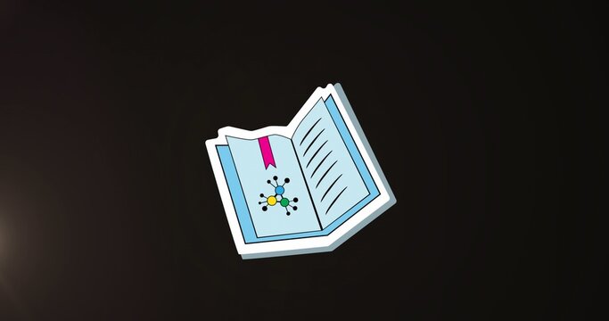 Floating open book sticker showing blue pages, pink bookmark and molecular diagram on dark gradient