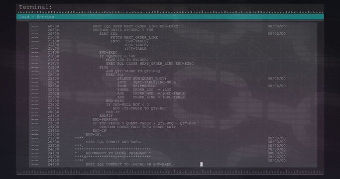 Displaying terminal showing monospaced code with numbered lines on screen, teal header